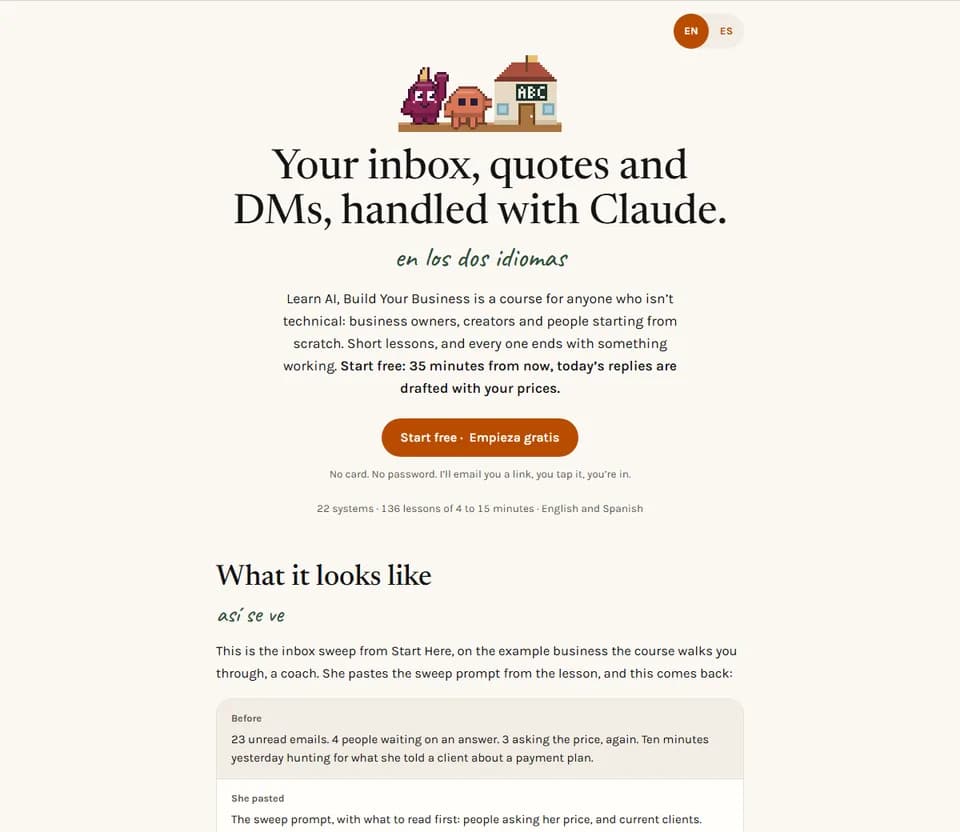 The classroom start page: your inbox, quotes and DMs handled with Claude, with a real inbox sweep example