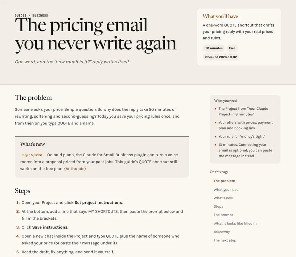 The free guide The pricing email you never write again: the problem, what you need, and the steps